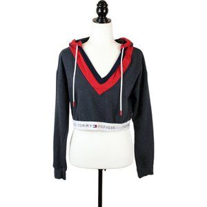 Retro Tommy Hilfiger V Neck Cropped Hoodie Medium Red Gray White Elastic CA280